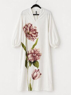 Anthropologie White Botanical Floral Cotton Midi Dress XS Puff Sleeve Side Tie